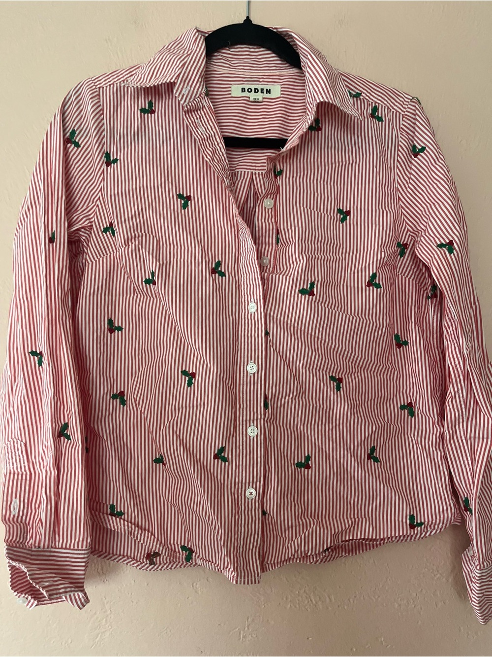 Boden Red and White Striped Button-Up Shirt with Green Accents